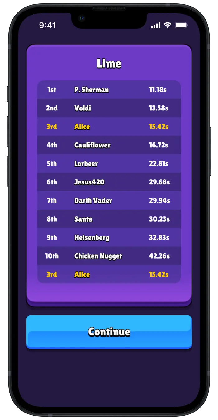 Recludo leaderboard UI with the top ten high scores of other players and a blue continue button below.