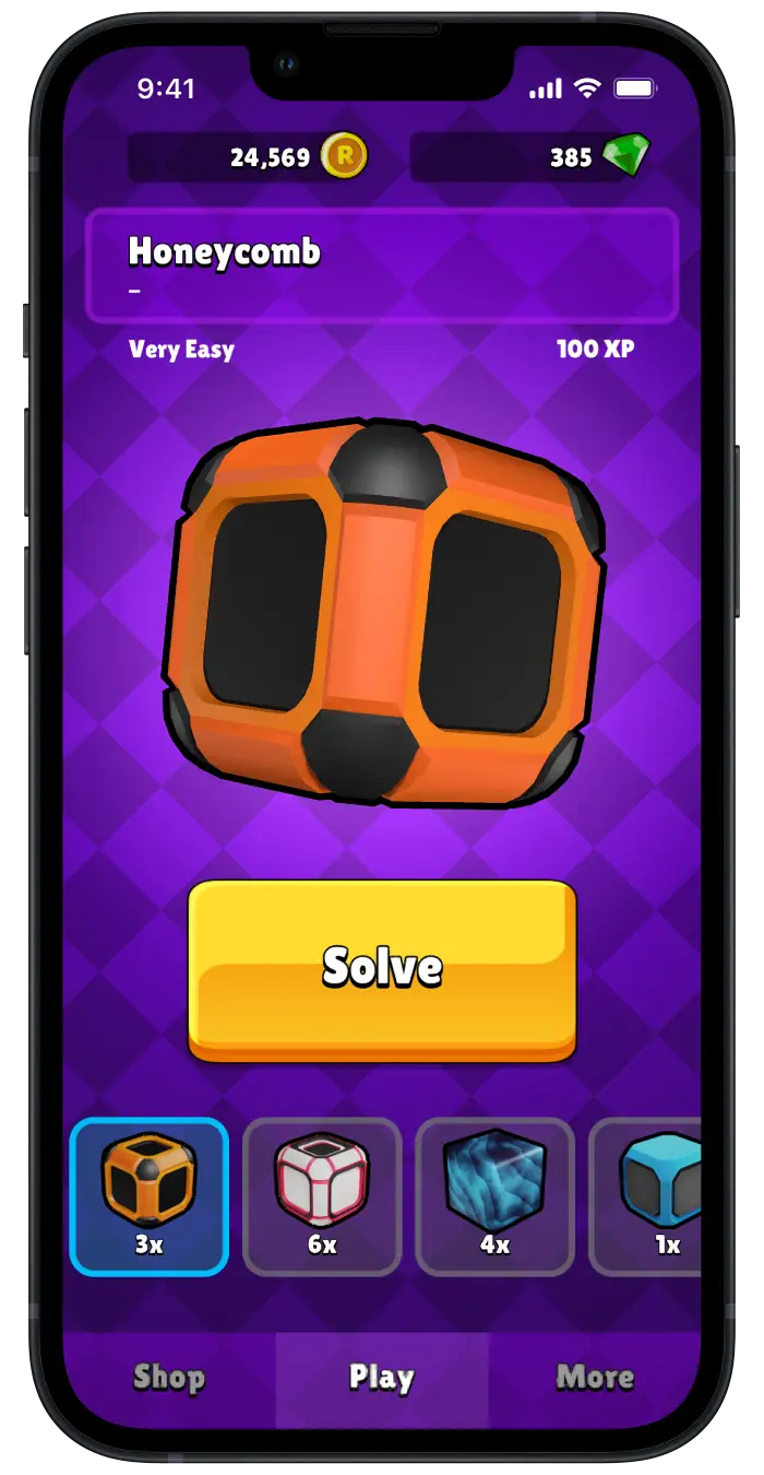 The Recludo main menu on the iPhone showing a colorful 3D puzzle, a big yellow button below, and the inventory with more 3D cube variations