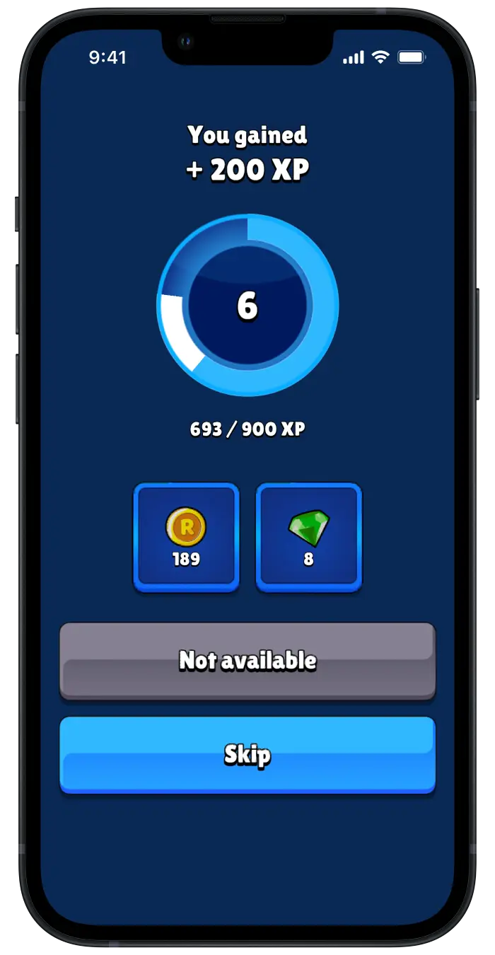 Recludo level badge, a circular progressbar that keeps track of the experience points and quadratic prize items that contain gold and gem rewards.