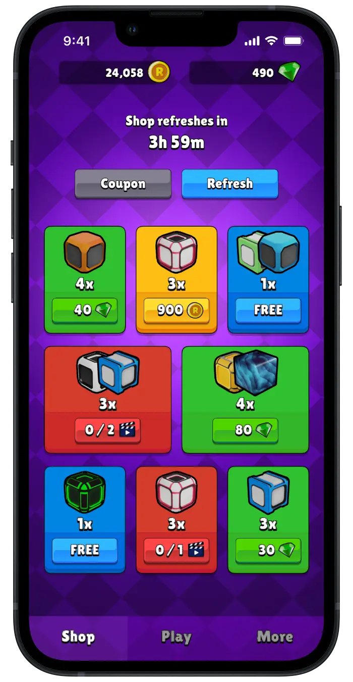 Recludo shop with colorful offers: yellow, red, green and blue rectangles with a price tag and puzzle icons.
