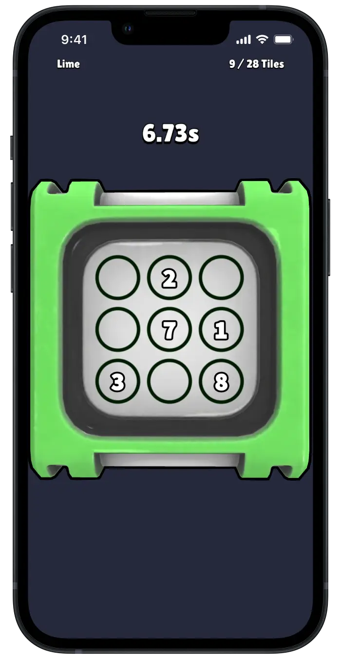 Recludo Lime puzzle, a bright green 3D cube with black and white decorations and a 3x3 grid of circular tiles that are either empty or filled with numbers.